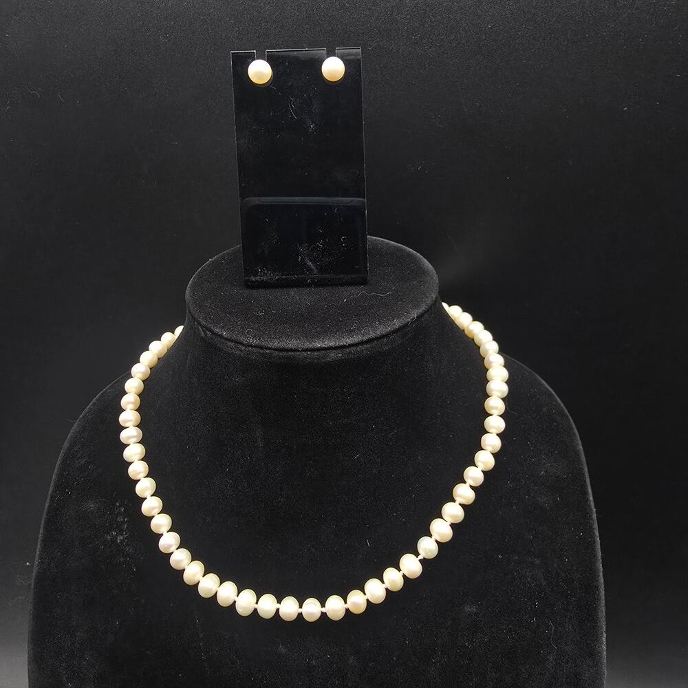 Cultured Pearl Necklace Set 925 Sterling Clasp Stud Post Earrings
